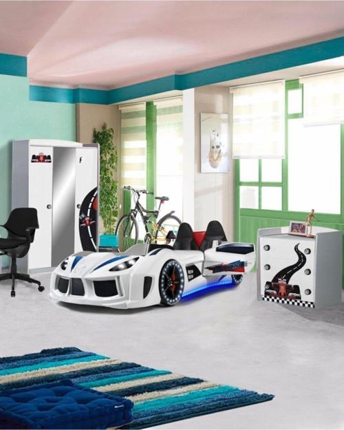 Formula Genç Odası - 3 Kapılı Dolap, Audi Koltuklu Arabalı Yatak, Şifonyer - Beyaz
