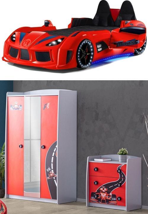 Formula Genç Odası - 3 Kapılı Dolap, Audi Koltuklu Arabalı Yatak, Şifonyer - Kırmızı