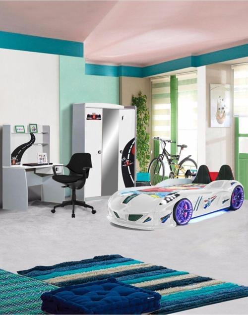 Formula Genç Odası - 3 Kapılı Dolap, Jaguar Full Ledli Arabalı, Masa - Beyaz