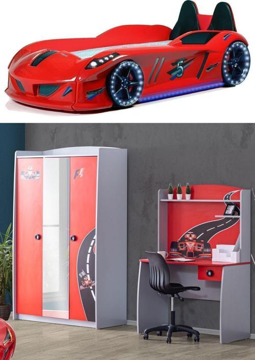 Formula Genç Odası - 3 Kapılı Dolap, Jaguar Full Ledli Arabalı, Masa - Kırmızı