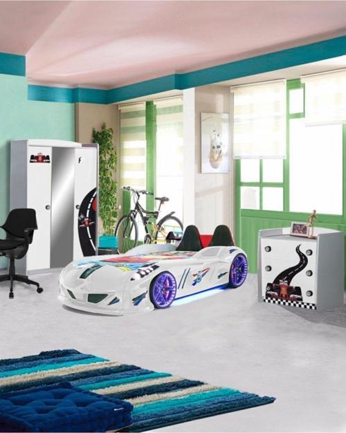 Formula Genç Odası - 3 Kapılı Dolap, Jaguar Koltuklu Arabalı Yatak, Şifonyer - Beyaz
