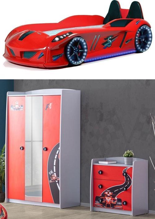 Formula Genç Odası - 3 Kapılı Dolap, Jaguar Koltuklu Arabalı Yatak, Şifonyer - Kırmızı