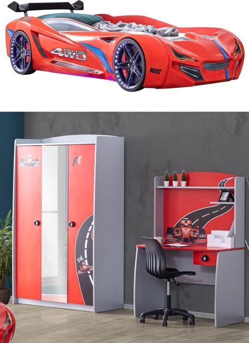 Formula Genç Odası - 3 Kapılı Dolap, Mercedes Full Ledli Arabalı Yatak, Masa - Kırmızı