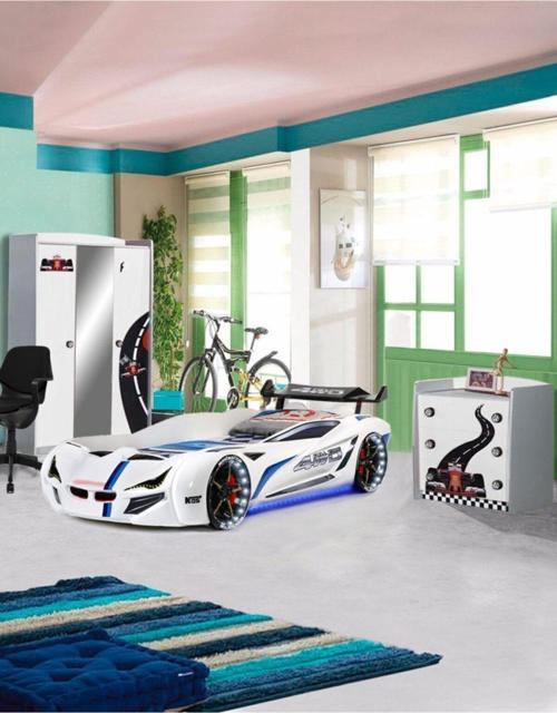 Formula Genç Odası - 3 Kapılı Dolap, Mercedes Full Ledli Arabalı Yatak, Şifonyer - Beyaz