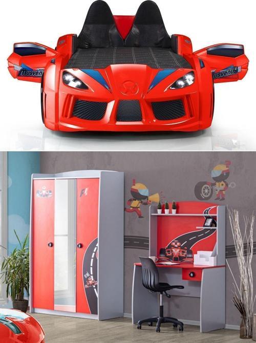 Formula Genç Odası, 3 Kapılı Dolap, Audi Koltuklu Arabalı Yatak, Masa - Kırmızı