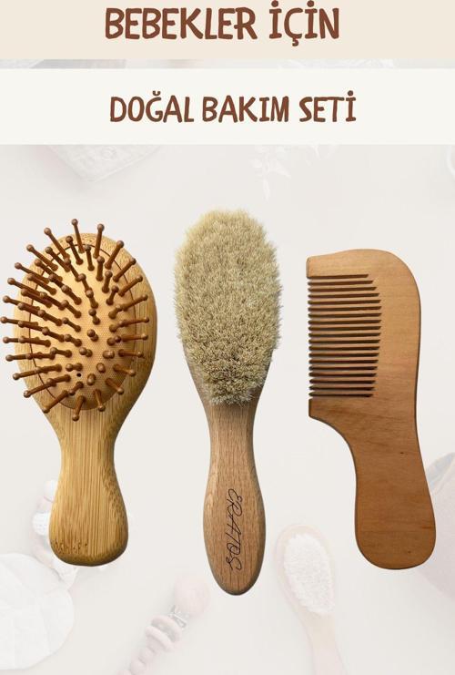 Bebekler İçin 3'Lü Set - Bambu Tarak - Keçi Kıllı Bebek Tarağı - Uzun Şimşir Tarak.
