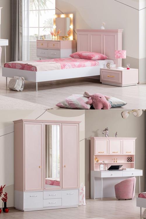 Rosa Genç Odası - 3 Kapılı Dolap, Karyola, Komodin, Masa, Şifonyer