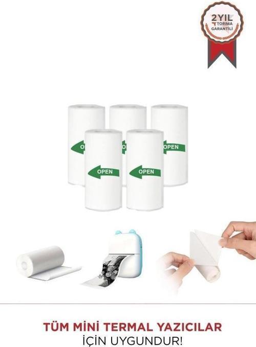 Yapışkanlı Beyaz 1Paket (5Adet) Termal Rulo Kağıt Etiket Sticker Tüm Mini Makinalara Uyumlu