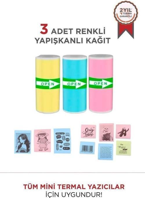 Yapışkanlı Renkli 1Paket (3Adet) Termal Rulo Kağıt Etiket Sticker Tüm Mini Makinalara Uyumlu
