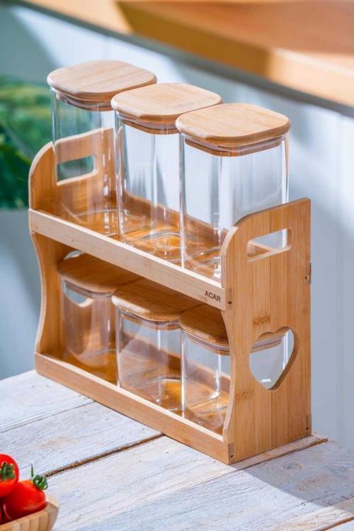 Malibu Bambu Standlı 6 lı Boroslikat Cam Baharatlık Seti LND-07580