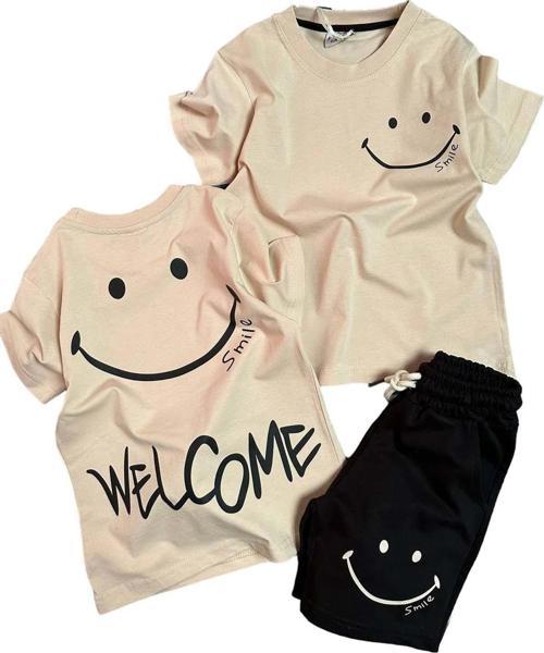 Erkek Çocuk Welcome Yazı ve Smile Baskılı Penye Tişört Siyah Şortlu Takım