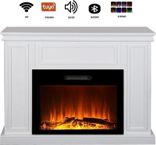 Dekoratif Beyaz Kasalı 118 Cm 8 Renkli Elektrikli Şömine Isıtıcı Bluetooth, Alev Sesi, Wifi