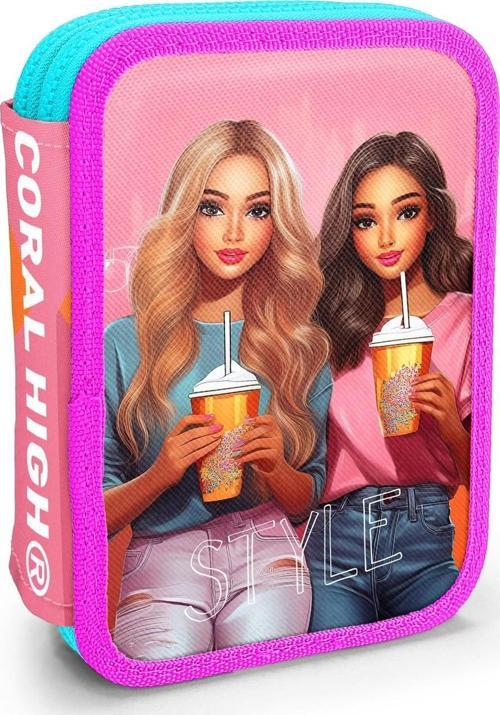 Kids Pembe Neon Mercan Fashion Girl Desenli Çift Katlı Kalem Çanta 11141