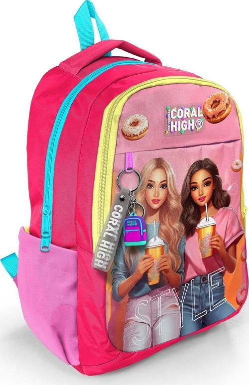 Kids Pembe Neon Mercan Fashion Girl Desenli Üç Bölmeli Okul Sırt Çantası 23669