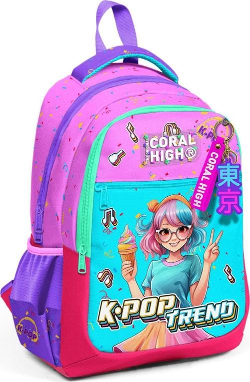 Kids Pembe Turkuaz K-Pop Desenli Üç Bölmeli Okul Sırt Çantası 14427