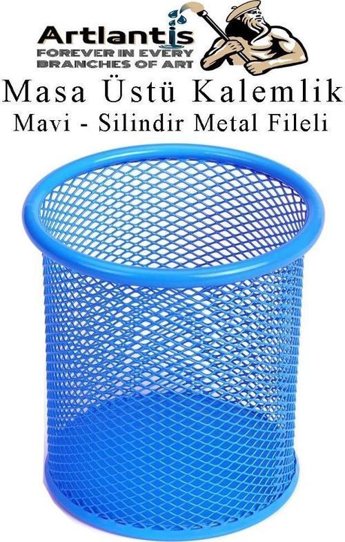 Mavi Silindir Masa Üstü Kalemlik 1 Adet Metal Fileli Renkli Perforeli Yuvarlak Kalemlik Ofis Büro Okul