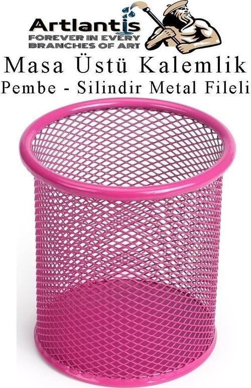 Pembe Silindir Masa Üstü Kalemlik 1 Adet Metal Fileli Renkli Perforeli Yuvarlak Kalemlik Ofis Büro Okul
