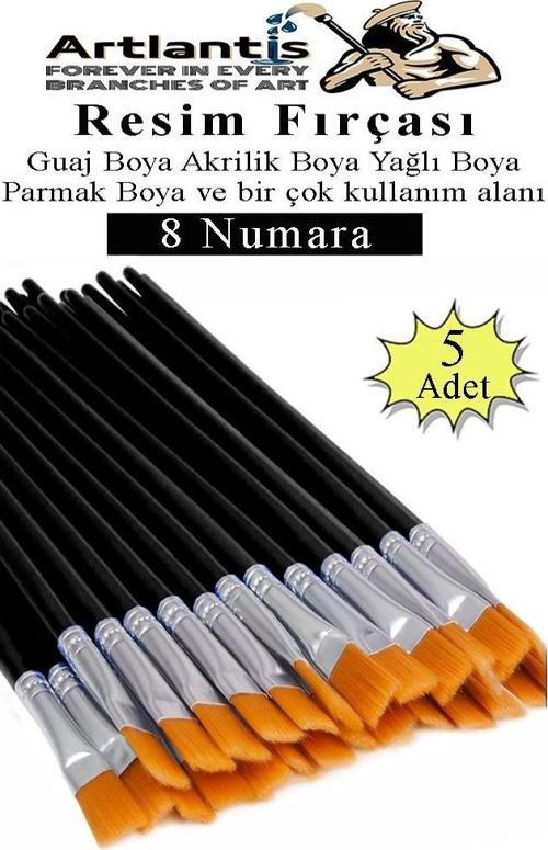Resim Fırçası 8 Numara 5 Adet Yassı Uçlu Sentetik Resim Fırça Ekonomik Suluboya Akrilik Boya Guaj Boya Yağlı Boya