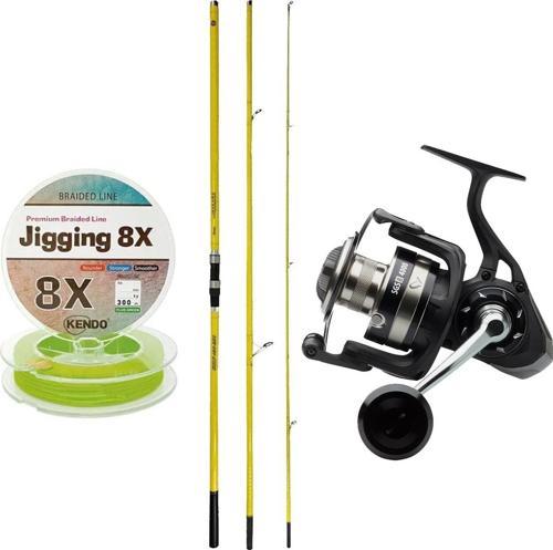 YekOutdoor Profesyonel Olta Seti Okuma Makaira Surf 4,30 cm 100-250 gr 3 Parça Yellow Surf Kamışı&Savage Gear SGS8 8000 