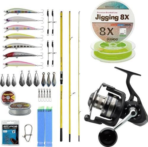 YekOutdoor Yüksek Performans Okuma Olta Seti Okuma Makaira Surf 4,50 cm 100-250 3 Parça Yellow Surf Kamışı&Savage Gear S