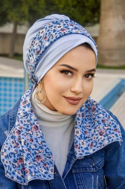 Bebe Mavi Çiçek Fularlı Bone