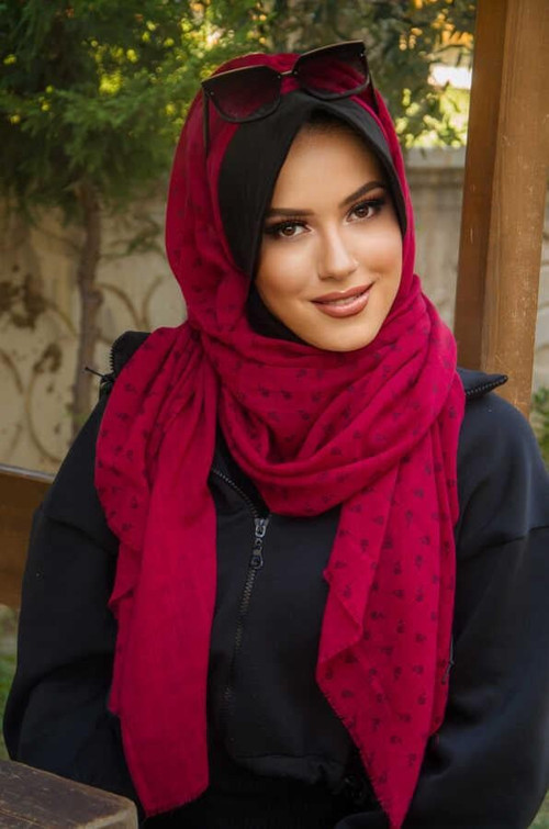 Bordo Siyah Baskılı Şapka Şal