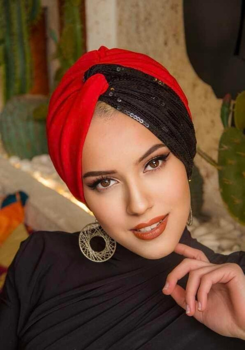 Kırmızı Siyah Payetli Burgu Model Dolgulu Abiye Bone