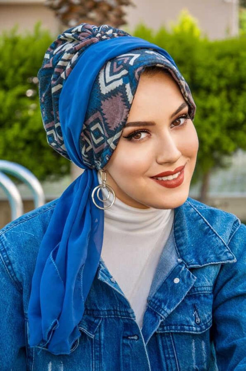 Kot Mavi Desenli Şapkalı Bone