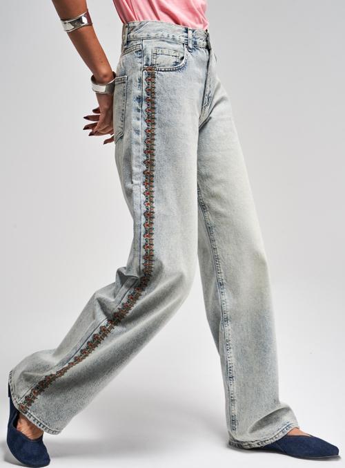 Kadın T.Kot Rengi 4S5-80 Yandan Nakışlı Loose Fit Orta Bel Tasarım Denim Jean