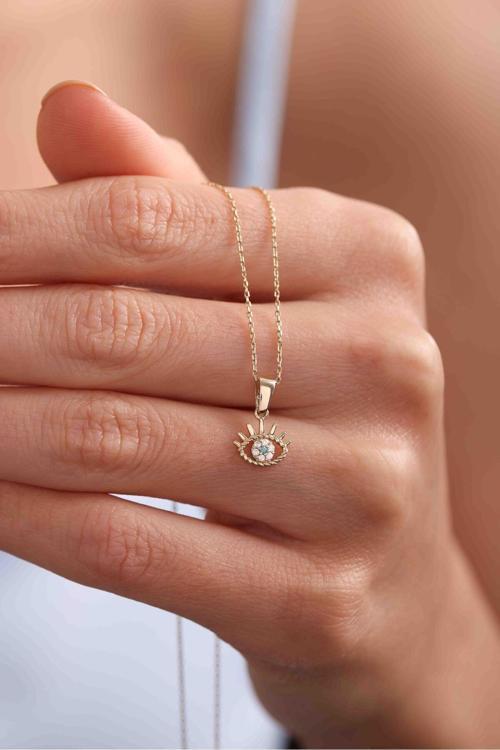 Burgu Detaylı Mavi Taşlı Göz Kirpikli Mini Kolye 50 cm