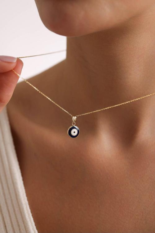 Lacivert &Mavi Mineli Çift Taraflı Nazar Boncuğu Kolye 50 cm