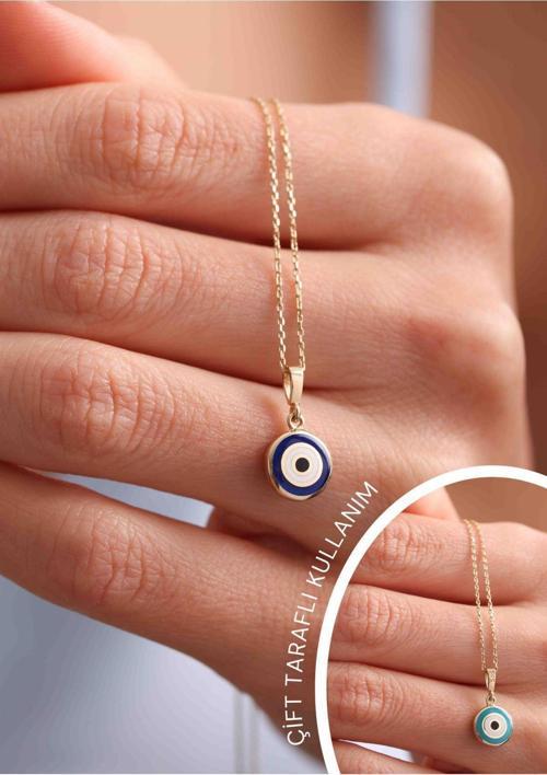 Lacivert Mavi Mineli Çift Taraflı Nazar Boncuğu Göz Kolye 55 cm