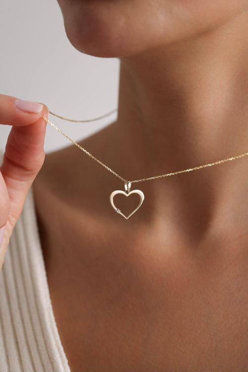 Tek Taşlı Lines Kalp Kolye 50 cm