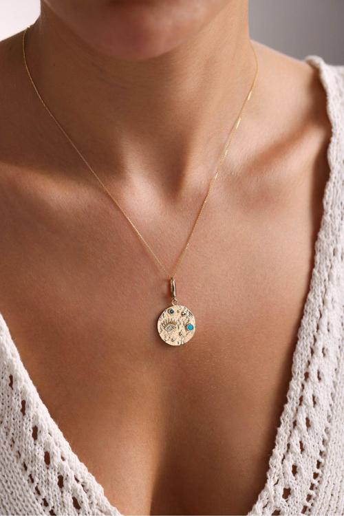 Mavi Siyah Taşlı Göz Heritage Kilitli Charm Kolye 50 cm