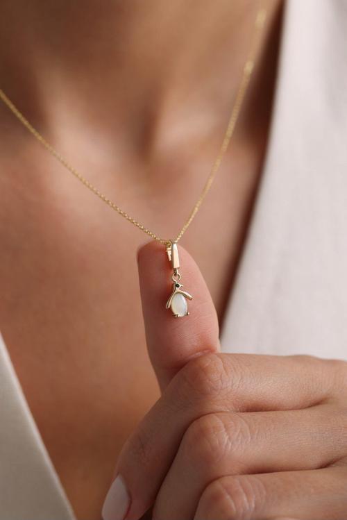 Opal Taşlı Penguen Kilitli Charm Kolye 50 cm