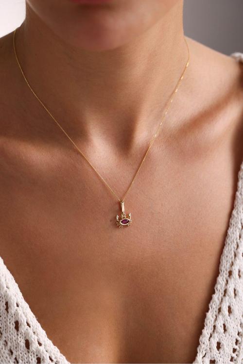 Pembe Taşlı Yengeç Kilitli Charm Kolye 55 cm