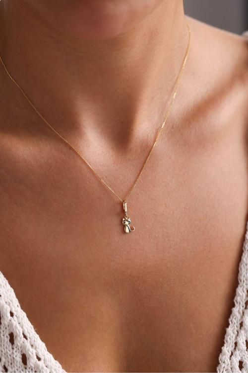 Siyah Taşlı Kedi Kilitli Charm Kolye 55 cm