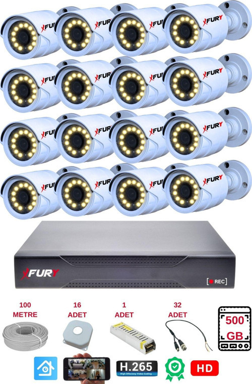 16 Lı Gece Renkli Görüş Güvenlik Kamerası Full Hd-Su Geçirmez Güvenlik Kamerası Seti 500GB