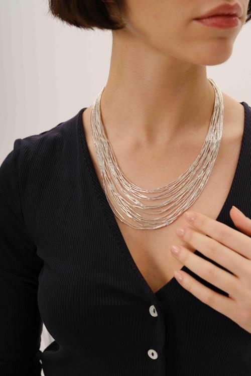 Gümüş özel tasarımlı modern görünümlü 20 sıralı kat kat likit kolye [barcode]