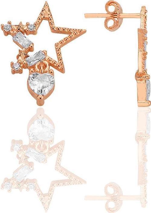 Gümüş rose baget kesim zirkon taşlı kalp sallantılı yıldız küpe [barcode]