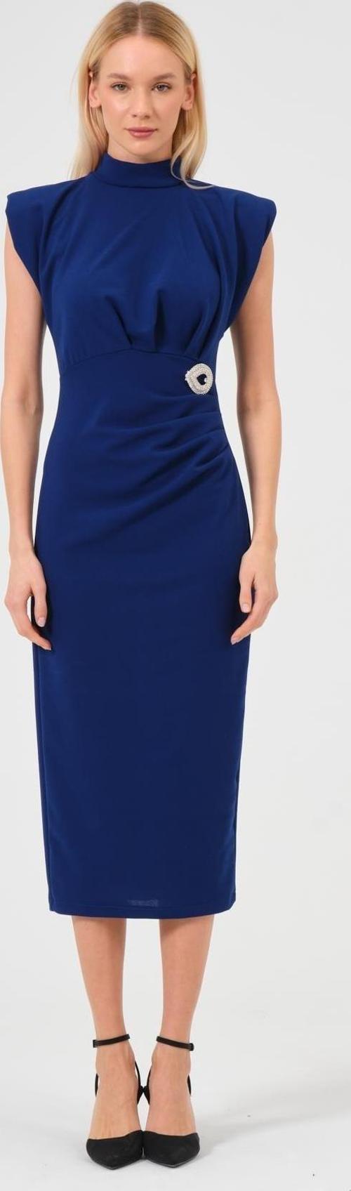 Kadın Mavi Drape Detaylı Vatkalı Broş Detaylı Elbise 