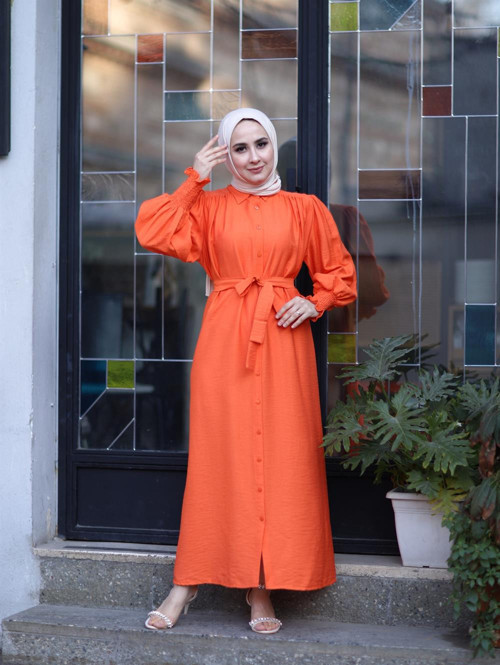 MONA KETEN ELBİSE ORANJ