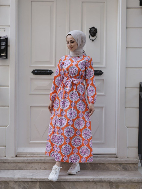 MEVLANA KESİM TESETTÜR ELBİSE ORANJ