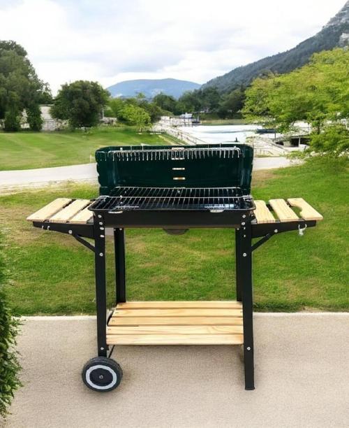 Tekerlekli Kömürlü Mangal Iki Ahşap Sehpalı Raflı 4 Adet Kancalı Mangal