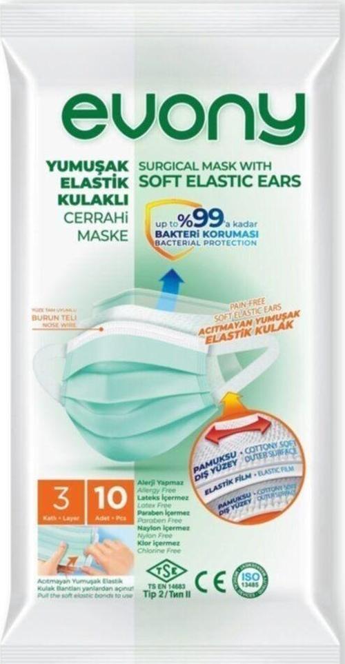 Yumuşak Elastik Kulaklı 3 Katlı Filtreli Burun Telli Cerrahi Maske 10'Lu Paket Set