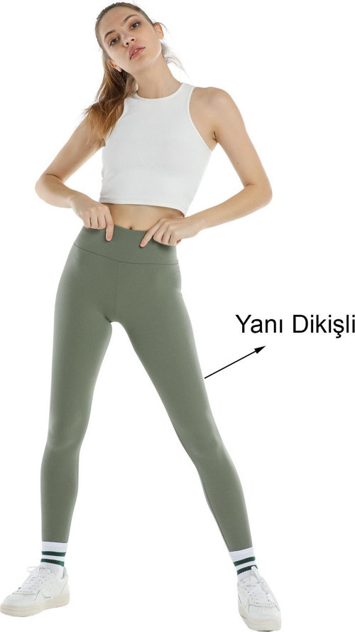 Yüksek Bel, Fitilli, Toparlayıcı interlok Beli Lastikli Örme Kadın Tayt