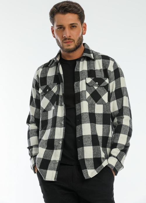 Çift Cep Kapaklı Oversize Kareli Kalın Ekose Oduncu Erkek Gömlek Ceket Shacket