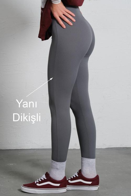 Yüksek Bel, Fitilli, Toparlayıcı interlok Beli Lastikli Örme Kadın Tayt