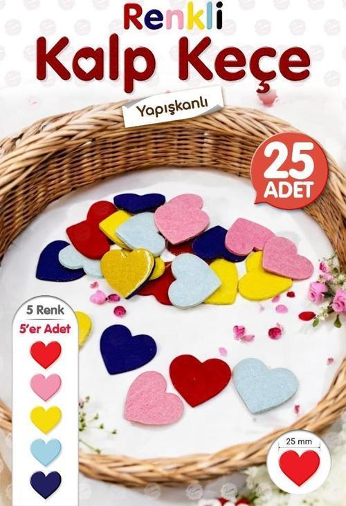 Renkli Kalp Keçe 25 adet 25 mm -Keçe Motif - Kalp Şeklinde Süs -T1217