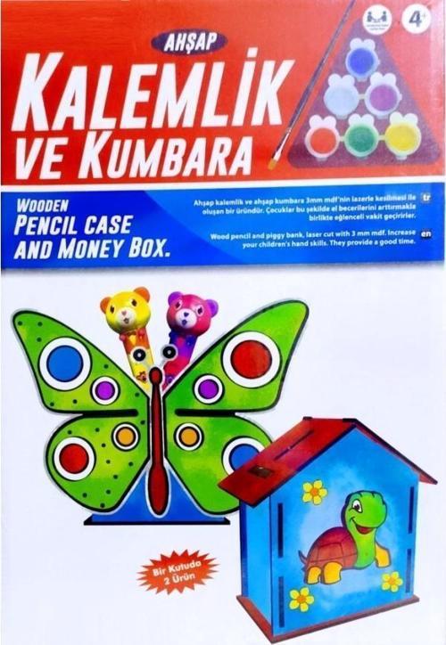 VIP KALİTE MAKET AHŞAP KALEMLİK AHŞAP KUMBARA SETİ 6 AKRİLİK BOYA SETİ AHŞAP KELEBEKLİ KALEMLİK SETİ